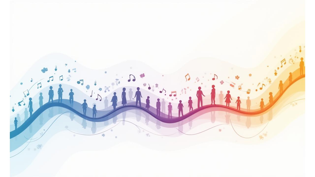 A timeline graphic illustrating Harmony Haven's journey, blending musical notes and wellness symbols, leading to a flourishing community.