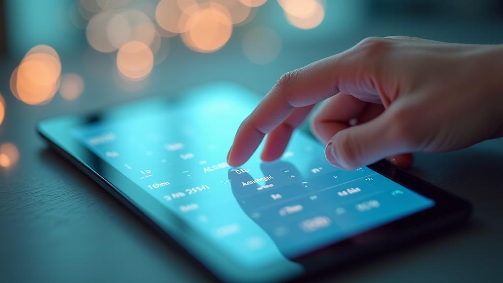 A tranquil image of a hand delicately selecting a date on a digital calendar, with soft-focus musical notes floating in the background, symbolizing scheduling a personalized wellness consultation at Harmony Haven.