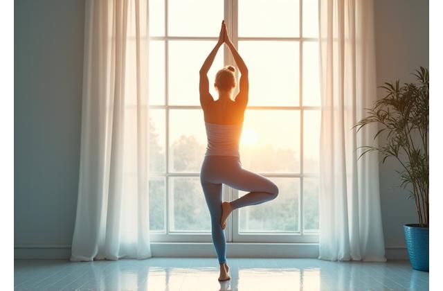 A person practicing gentle yoga poses by a window, with morning light and subtle sound wave patterns in the air, illustrating peace and movement.