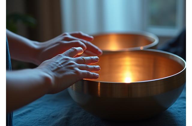 A person's hands gently touching singing bowls, with soft light and a peaceful aura, symbolizing sound therapy.