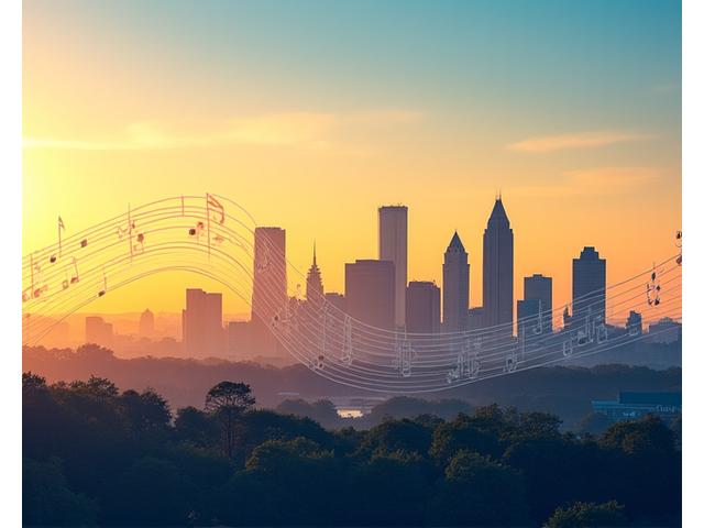 Panoramic view of the Atlanta skyline at golden hour, with subtle musical staff lines and notes superimposed, symbolizing a harmonious and thriving local wellness community.