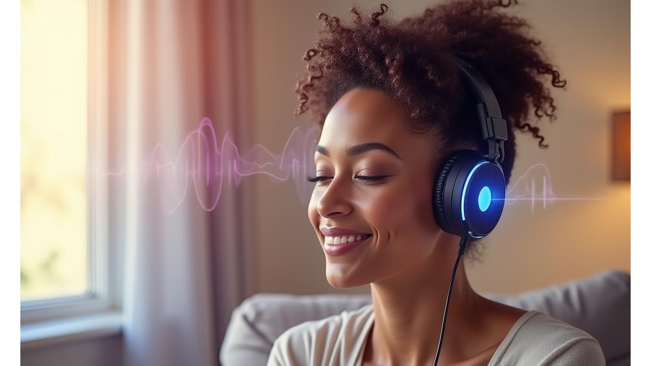 Woman enjoying music with headphones, serene expression, surrounded by subtle sound wave graphics
