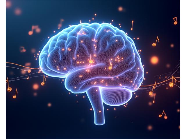 Abstract depiction of sound waves interacting with brain patterns, rendered in calming blue and purple tones, symbolizing cognitive health and music's influence.