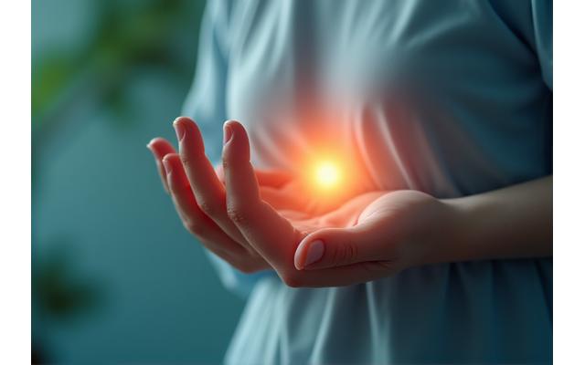 A gentle hand resting over a heart with subtle light patterns, symbolizing comfort and anxiety relief.