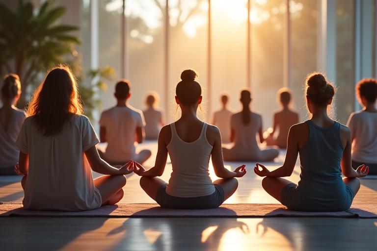 A diverse group of people meditating together in a tranquil setting, emphasizing community and shared calm.