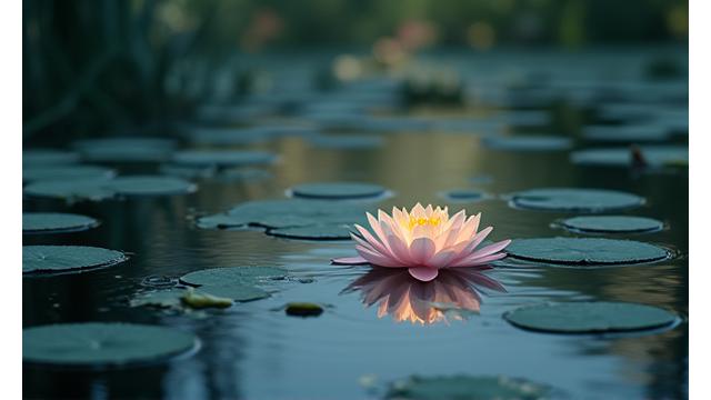 Zen-like pond with lily pads and soft ambient lighting, representing inner peace and the Serene Shores meditation track.