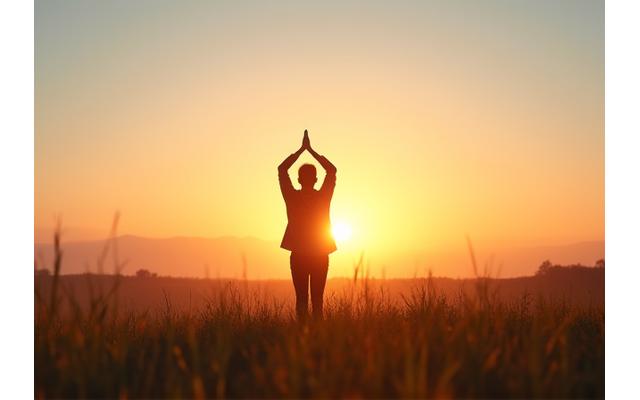 Sunrise over a calm landscape with a figure stretching, symbolizing a gentle and energetic start to the day.