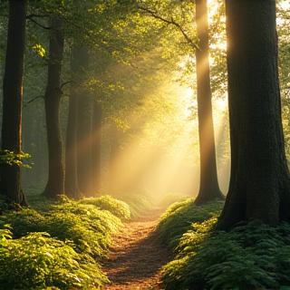 An album cover for 'Calm Forest Journey', showing sun-dappled trees in a peaceful forest.