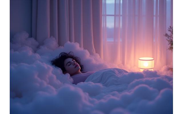 A peaceful bedroom scene with a person just falling asleep, with subtle dream-like elements, for the Better Sleep Challenge program.