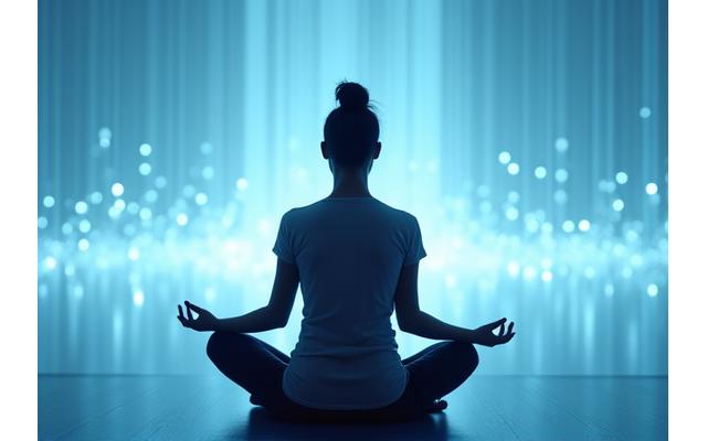 A calm person meditating with a subtle digital overlay representing progress, for the 30-Day Stress Transformation program.