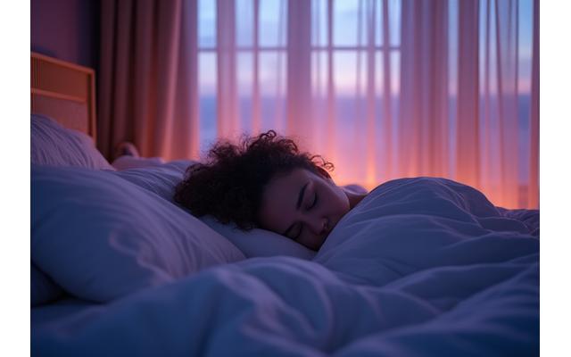 A serene bedroom with soft lighting and a peacefully sleeping figure, depicting deep sleep and rest.