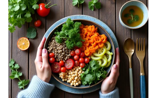 Person enjoying a colorful, healthy meal mindfully, with subtle musical notes suggesting a rhythmic approach to nutrition.