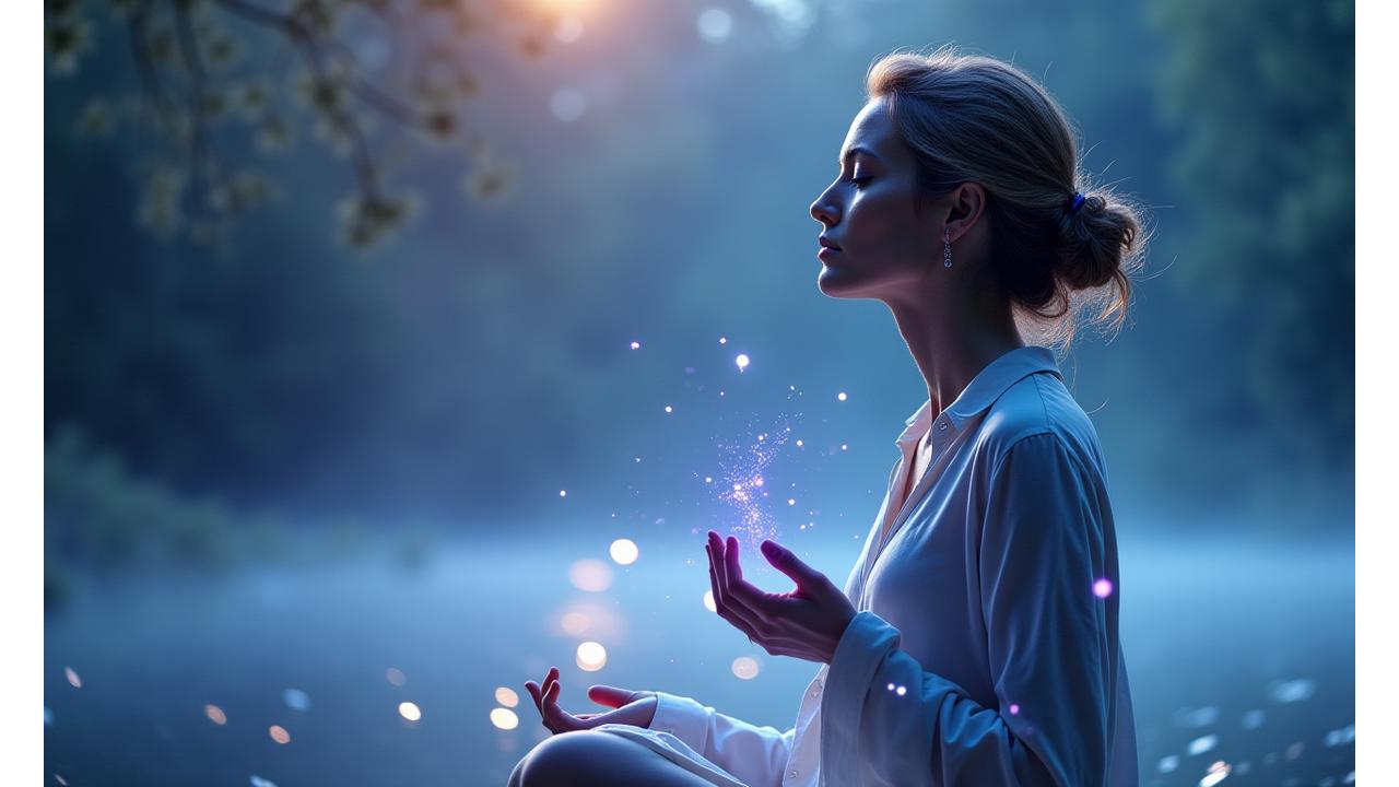 Woman meditating gracefully amidst flowing musical notes and gentle light, symbolizing harmonious lifestyle changes