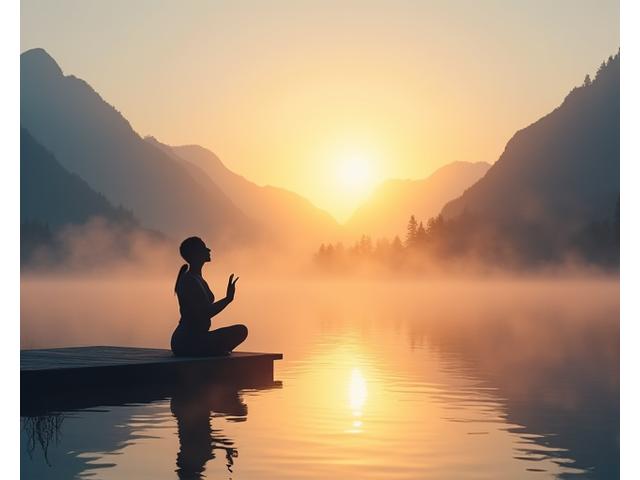 Sunrise over a serene landscape with a person performing gentle stretches, musical notation subtly integrated in light waves.