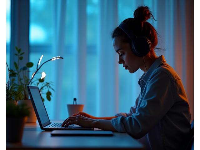 Focused individual working at a clean desk with headphones, background subtly showing sound waves and productivity metrics.