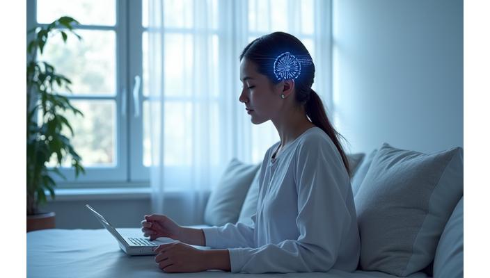 A futuristic, calm environment with a person wearing biometric sensors, enveloped in dynamic sound waves generated by AI, depicting personalized wellness technology.