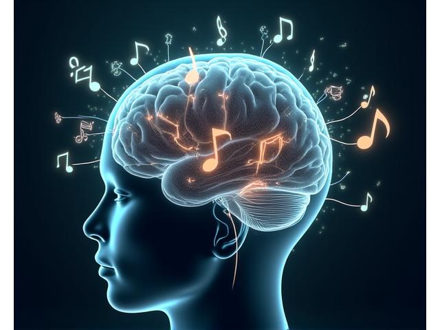 Abstract visual representation of brain activity and musical notes intertwined, symbolizing neuroprotective effects of music.