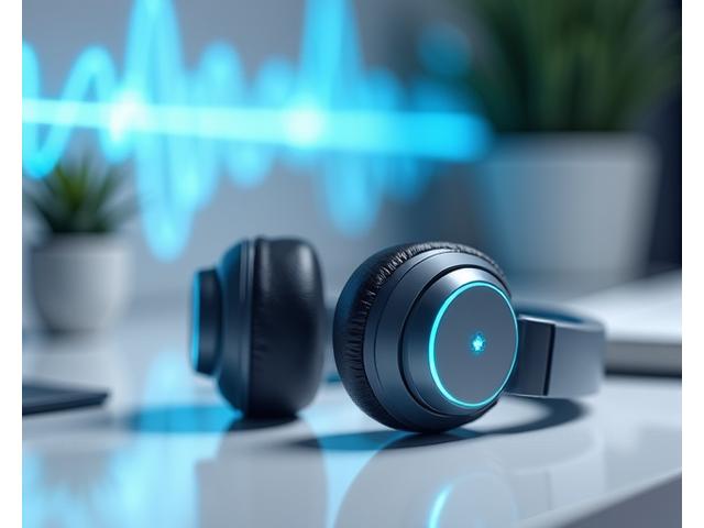 Sleek, advanced headphones on a clean desk with abstract brainwave graphics