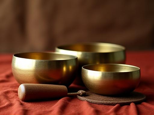 Close-up of three gleaming Tibetan singing bowls of various sizes, with a mallet on a silk cloth.