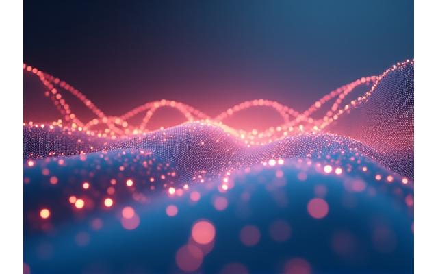 Abstract depiction of digital flowing sound waves and interconnected nodes, representing community and information flow.