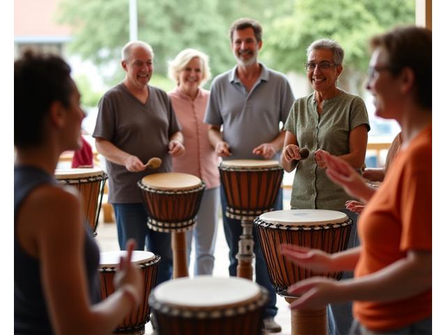 A diverse group of adults participating in a hand percussion circle, focused on rhythm and connection.