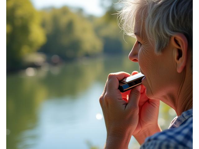 A person playing a harmonica outdoors, symbolizing breath control and portable stress relief.