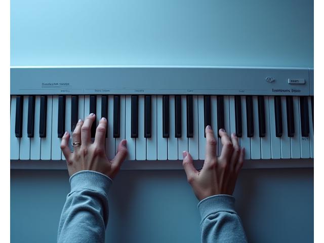 Hands gently resting on piano keys, suggesting thoughtful engagement and bilateral brain activity.