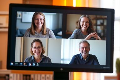 A diverse group of adults smiling and interacting during a live online music class on a computer screen.