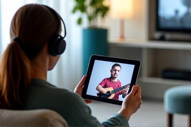 An adult watching a clear, engaging online music lesson video on a tablet, with headphones on.