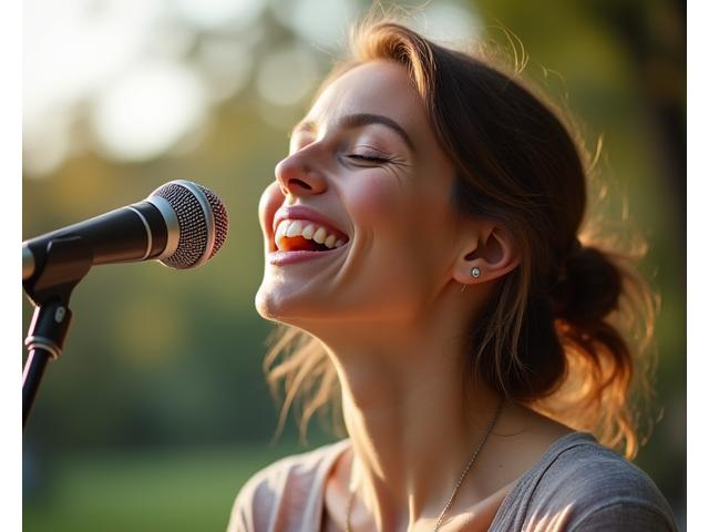 A woman singing with a joyful expression, symbolizing emotional release and respiratory health.