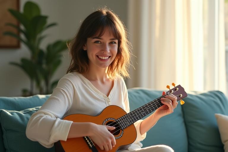 Adult learning to play the ukulele in a serene setting, emphasizing joy and relaxation over performance pressure.